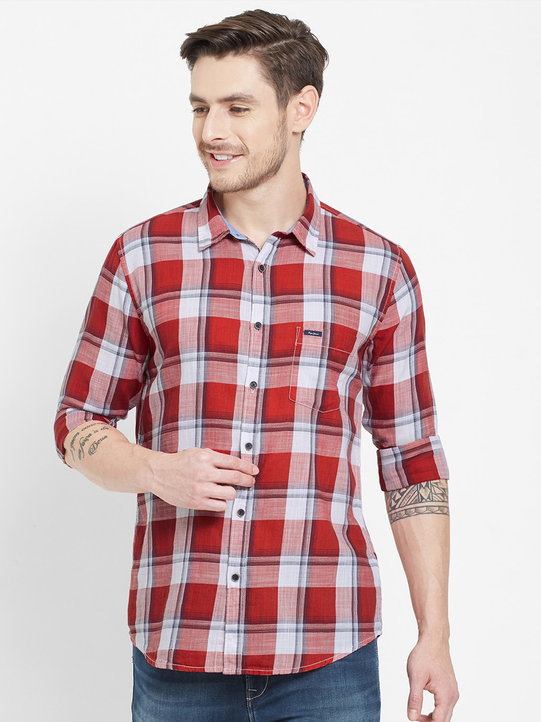 

Pepe Jeans Men Red Tartan Checks Checked Casual Shirt