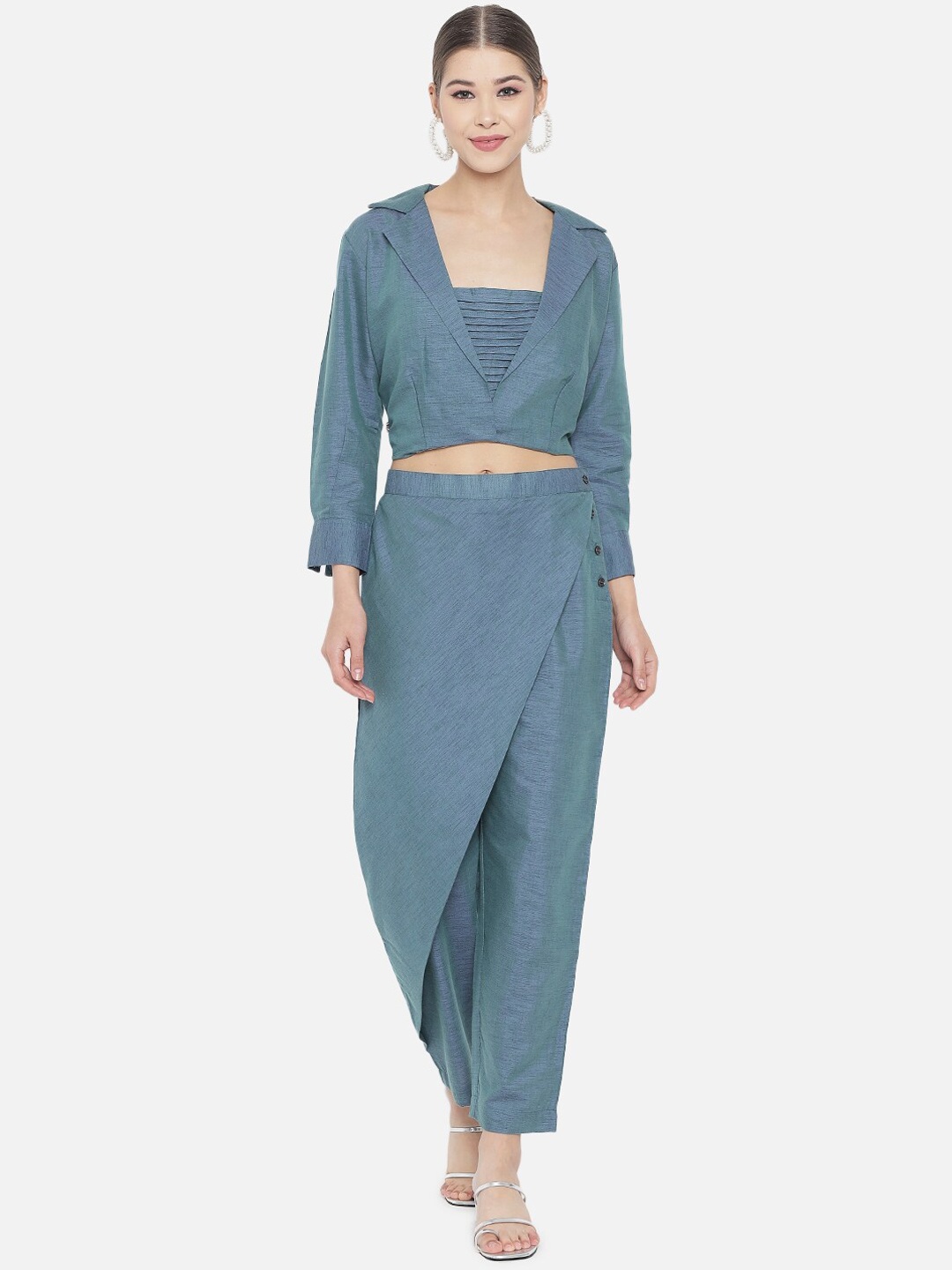 

RAISIN Women Teal Solid Straight Crop Top With Pants