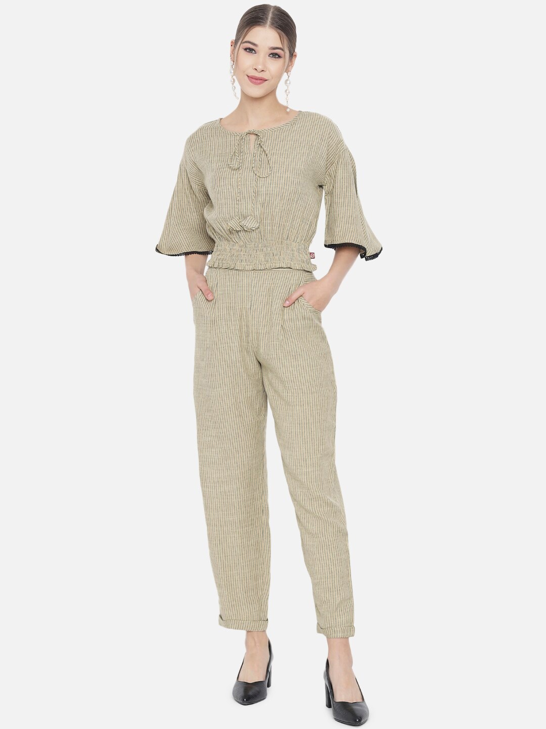 

RAISIN Women Beige Striped Woven Cotton Crop Top With Trousers