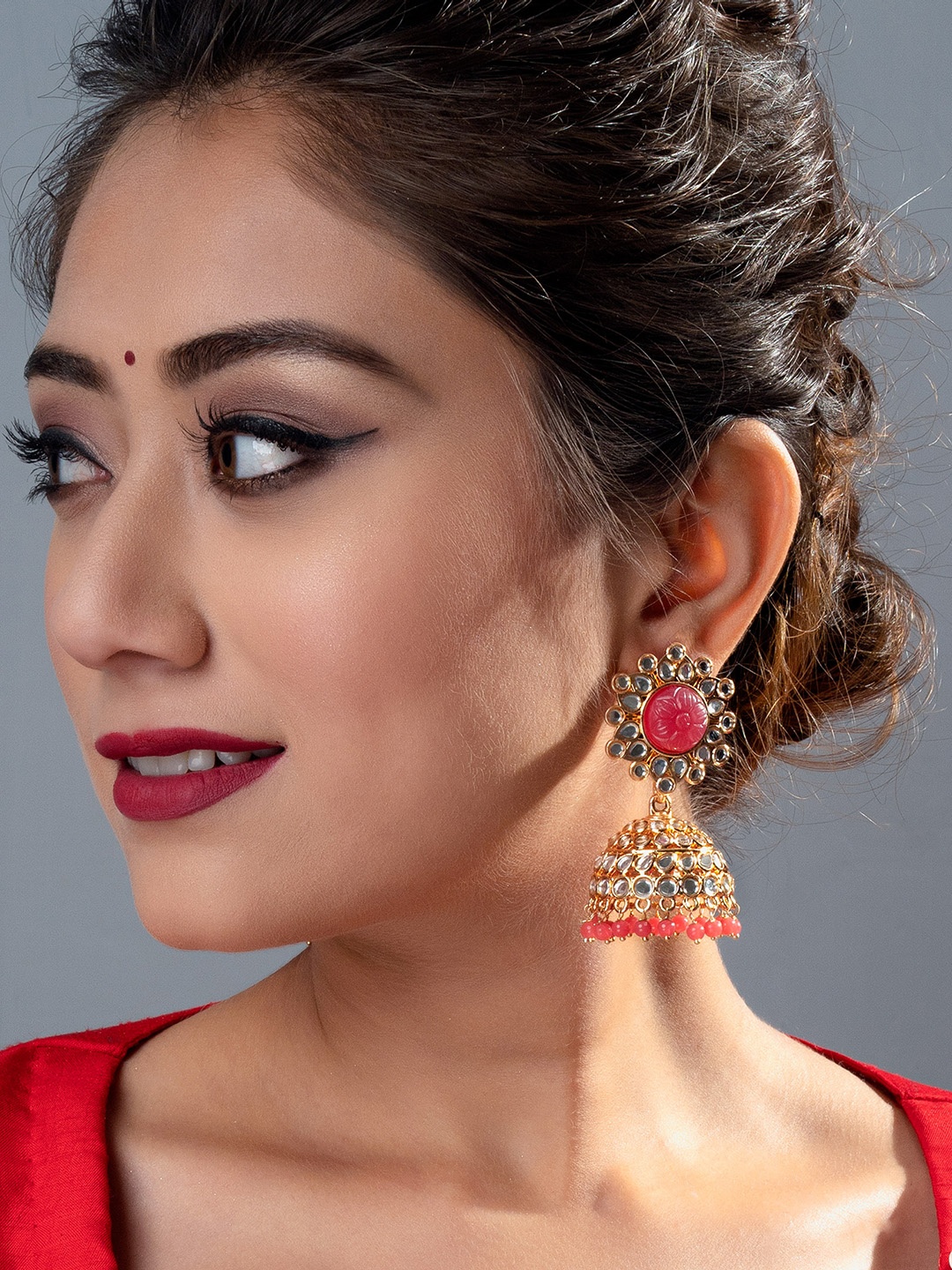 

aadita Gold-Toned & Pink Geometric Jhumkas Earrings