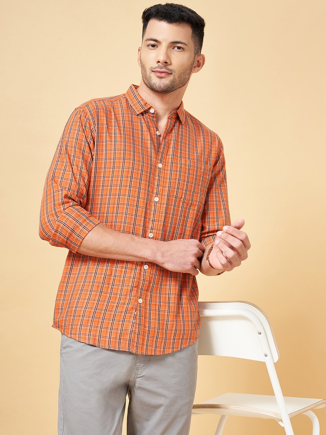 

Urban Ranger by pantaloons Men Orange Slim Fit Checked Casual Shirt