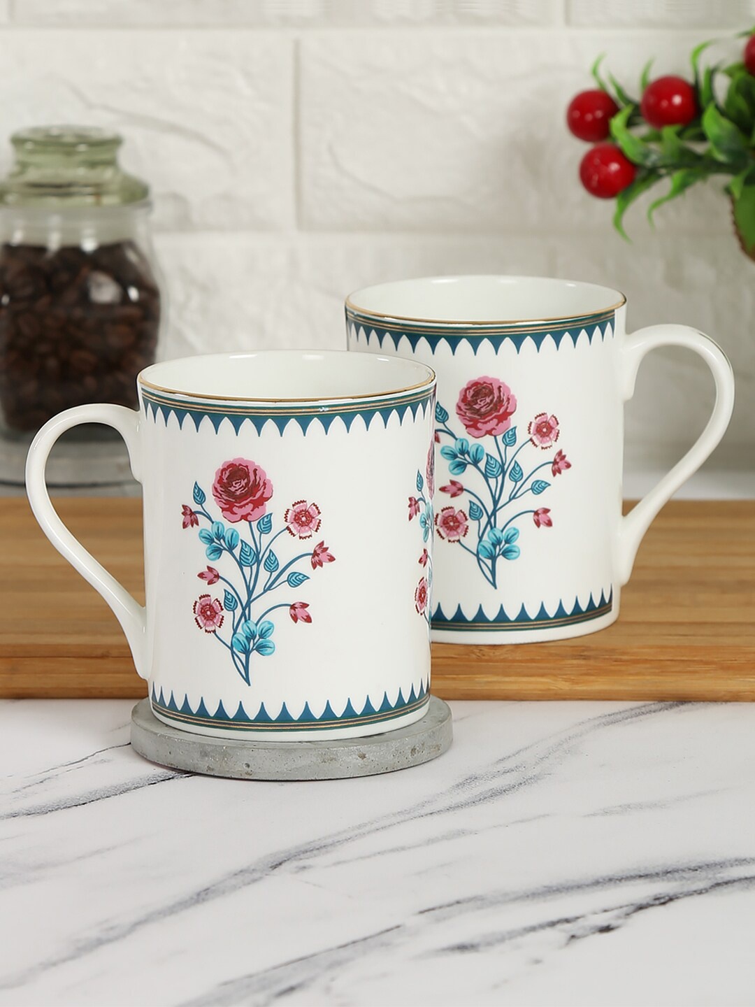 

India Circus by Krsnaa Mehta White & Blue Set of 2 Printed Bone China Glossy Mugs