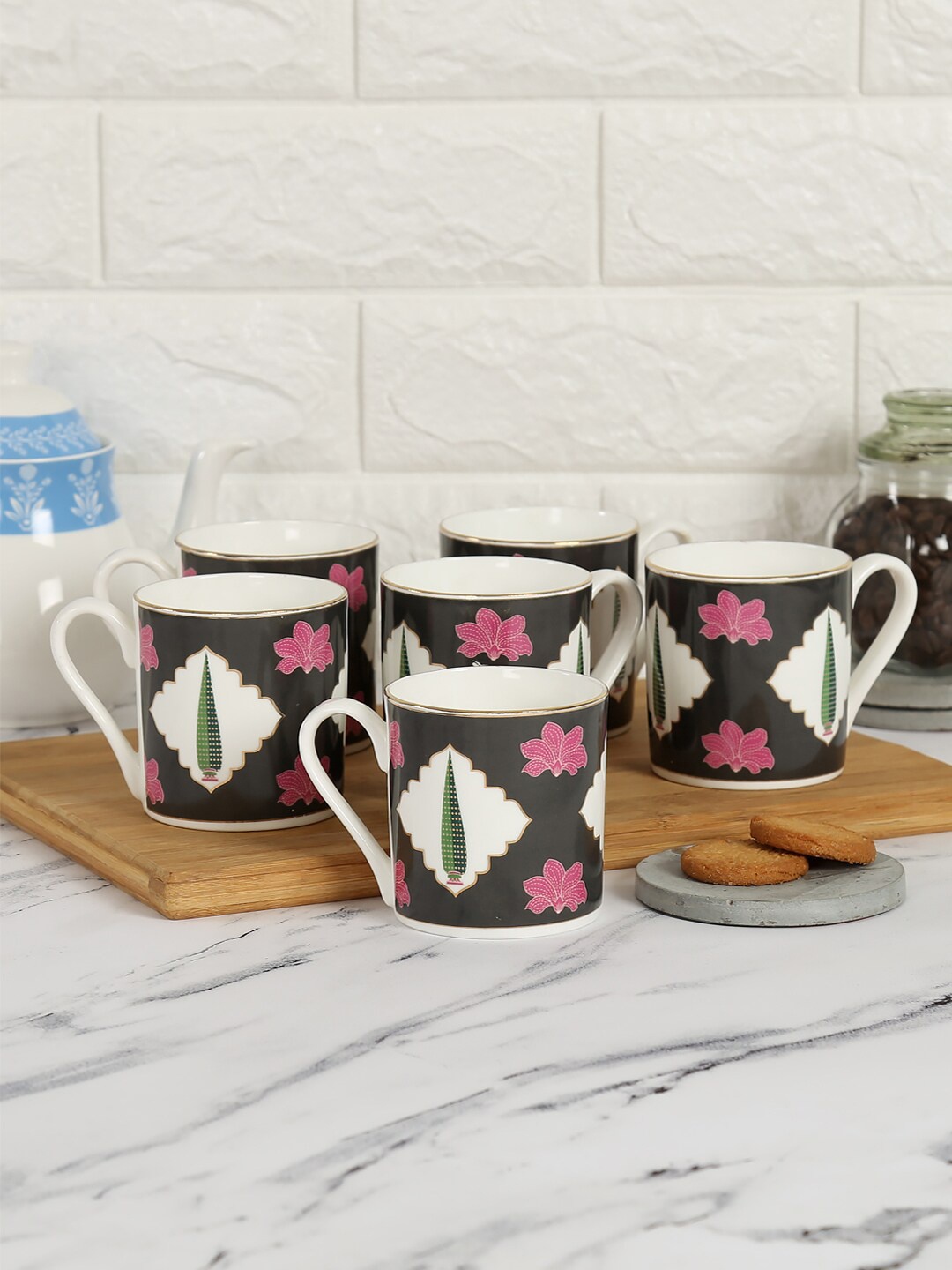 

India Circus by Krsnaa Mehta Set Of 6 Black & Pink Floral Printed Bone China Glossy Mugs