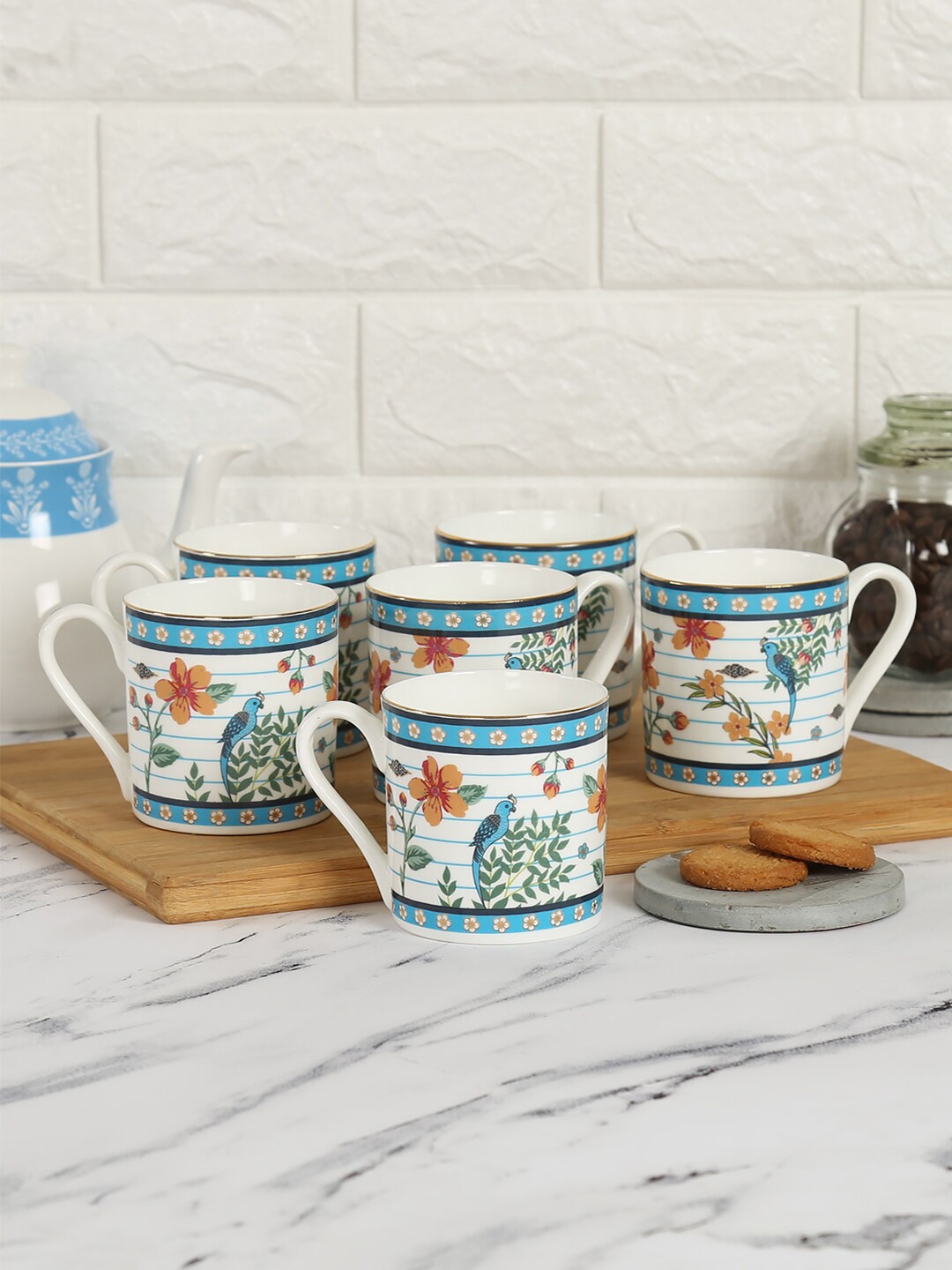 

India Circus by Krsnaa Mehta White & Blue Ethnic Motifs Printed Bone China Matte Mugs Set of Cups and Mugs