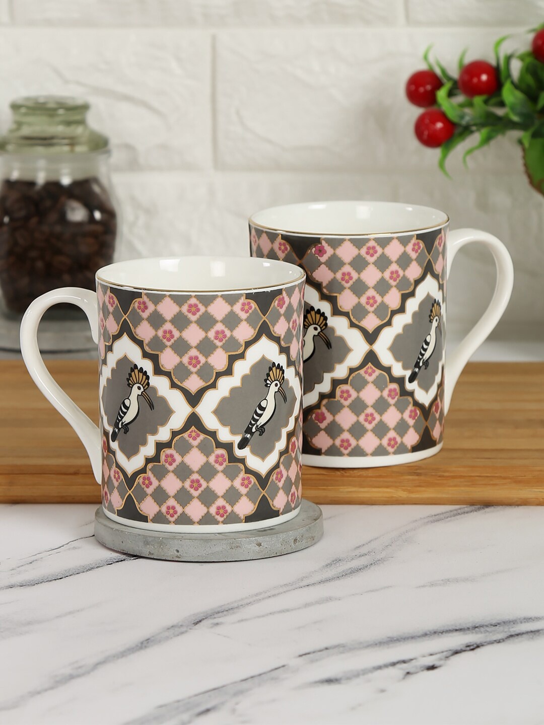 

India Circus by Krsnaa Mehta Set Of 2 Glossy Bone Chine Coffee Mug, Multi
