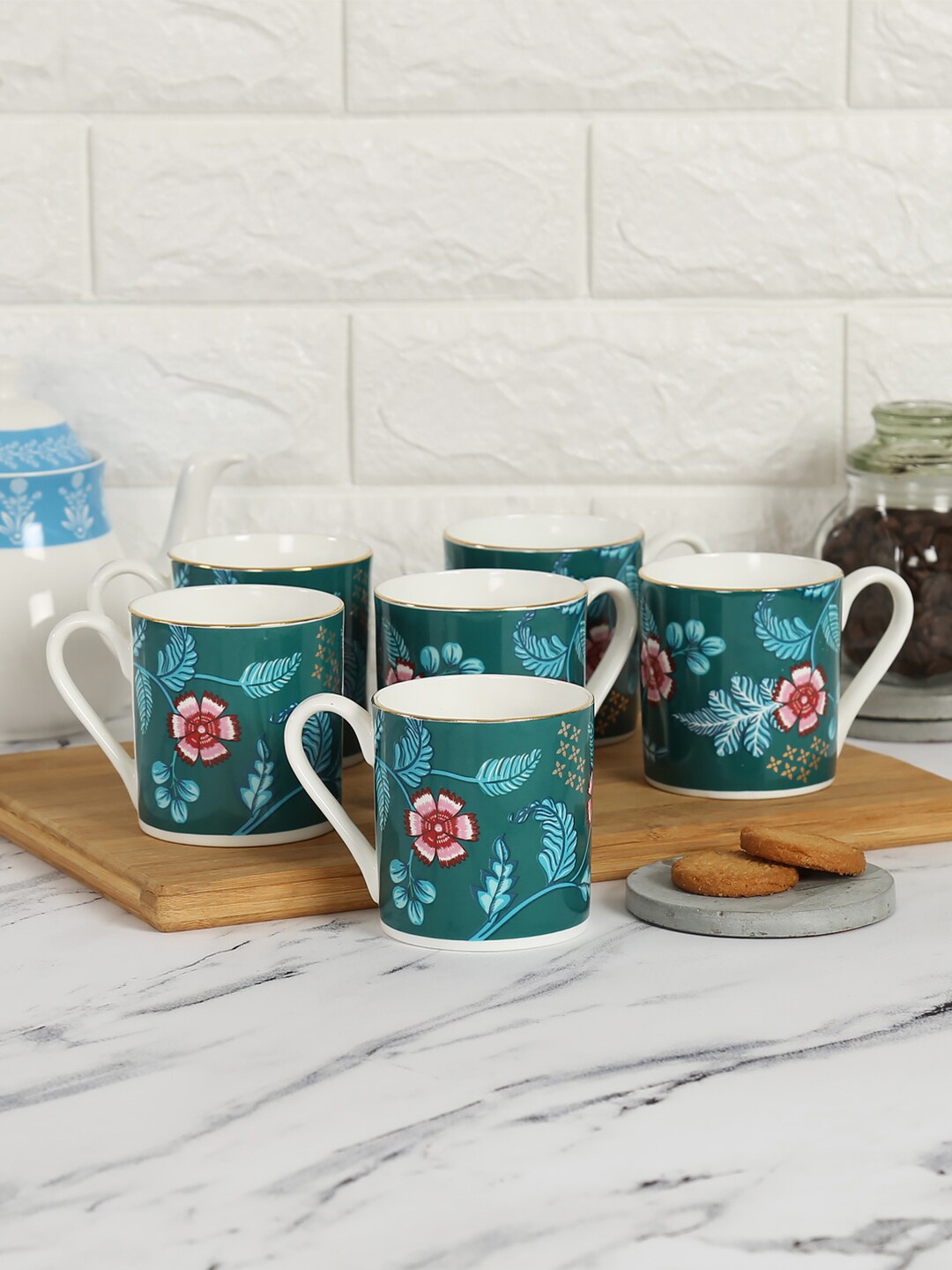 

India Circus by Krsnaa Mehta Set Of 6 Teal & White Floral Printed Bone China Matte Mugs