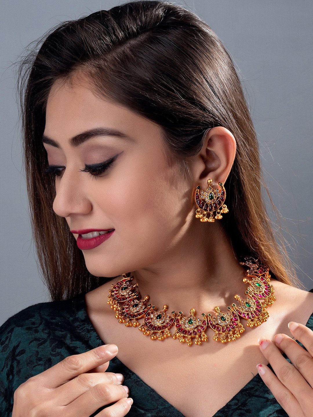 

aadita Gold-Plated Pink & Green Stone-Studded Temple Jewellery Set