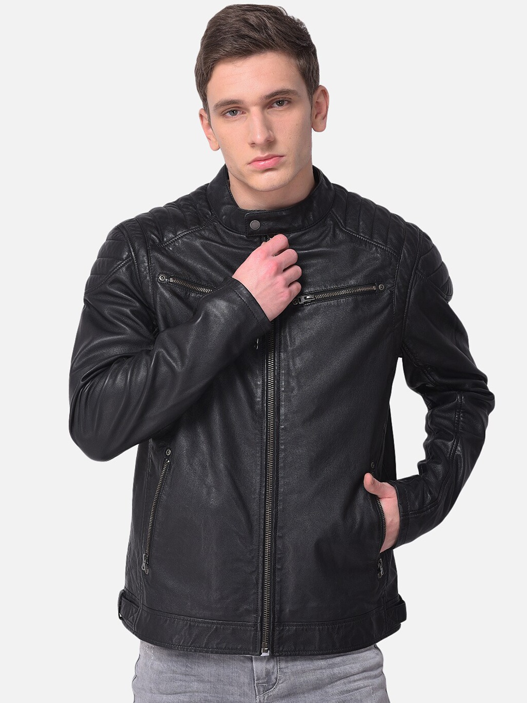 

Woods Men Black Leather Water Resistant Leather Jacket