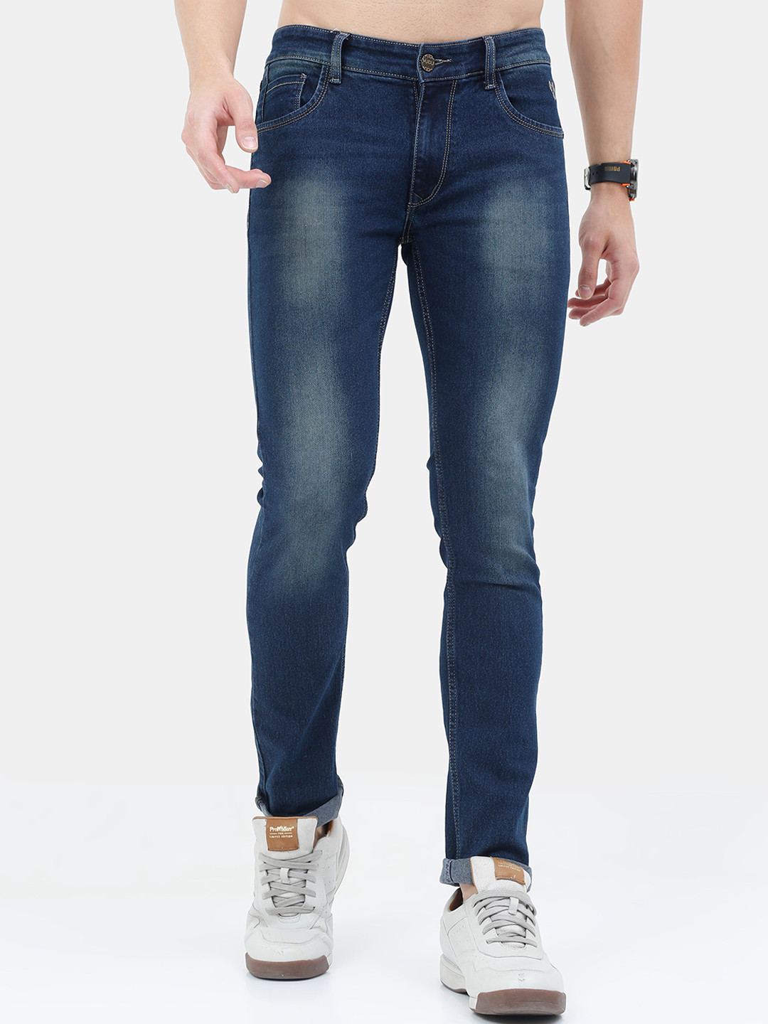 

VUDU Men Navy Blue Narrow Slim Fit Heavy Fade Stretchable Cotton Jeans
