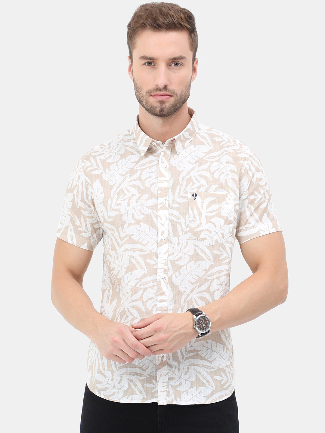 

VUDU Men Beige Floral Printed Casual Cotton Shirt