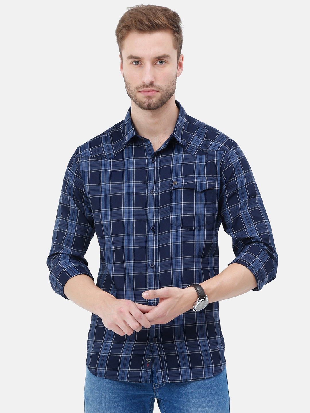 

VUDU Men Navy Blue Comfort Tartan Checked Cotton Casual Shirt