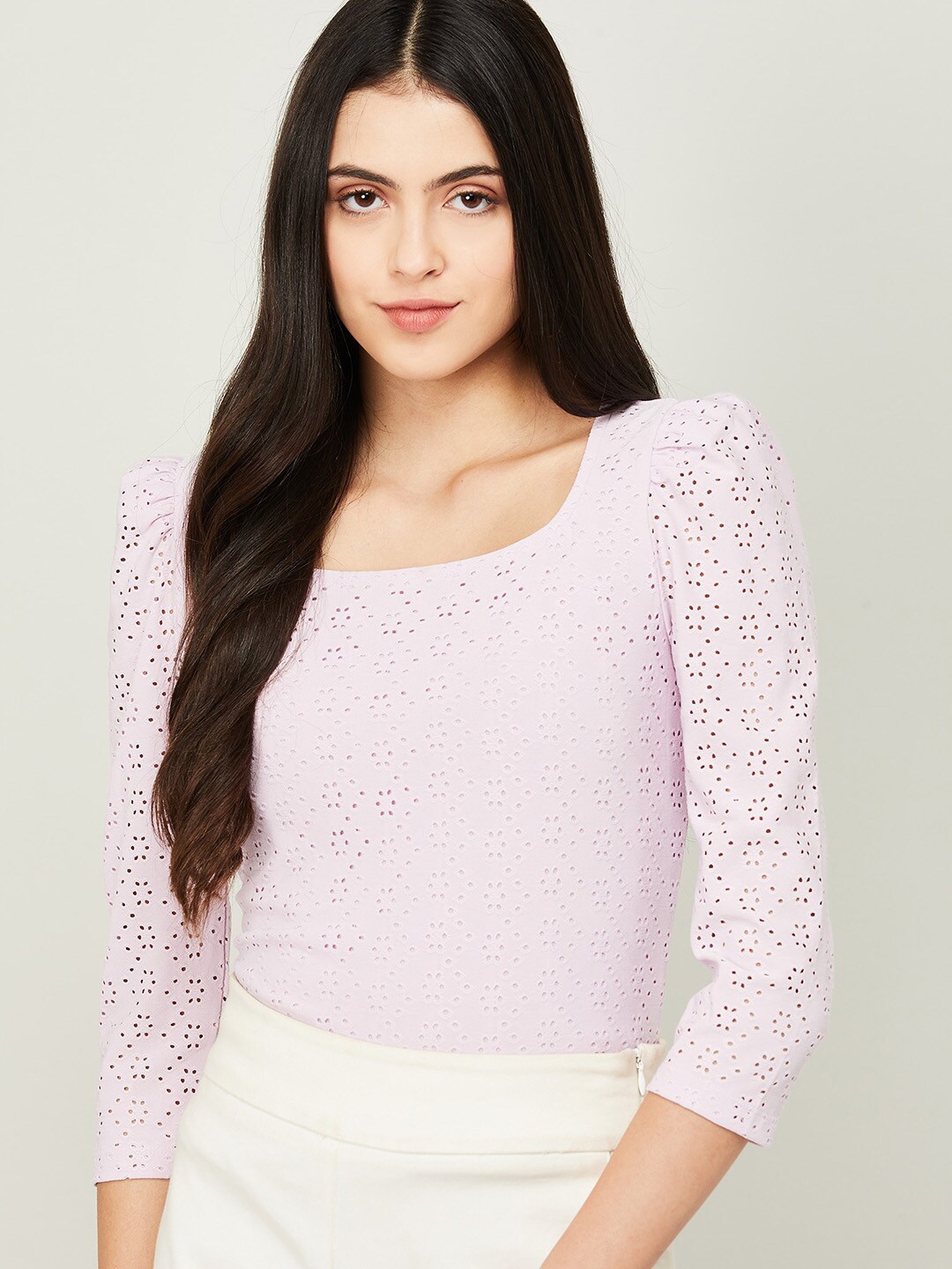

CODE by Lifestyle Women Purple Self Design Schiffli Top