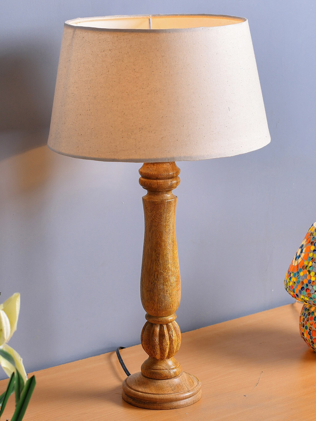 

Homesake Beige Classic Victorian Natural Wood Table Lamp With Khadi Shade