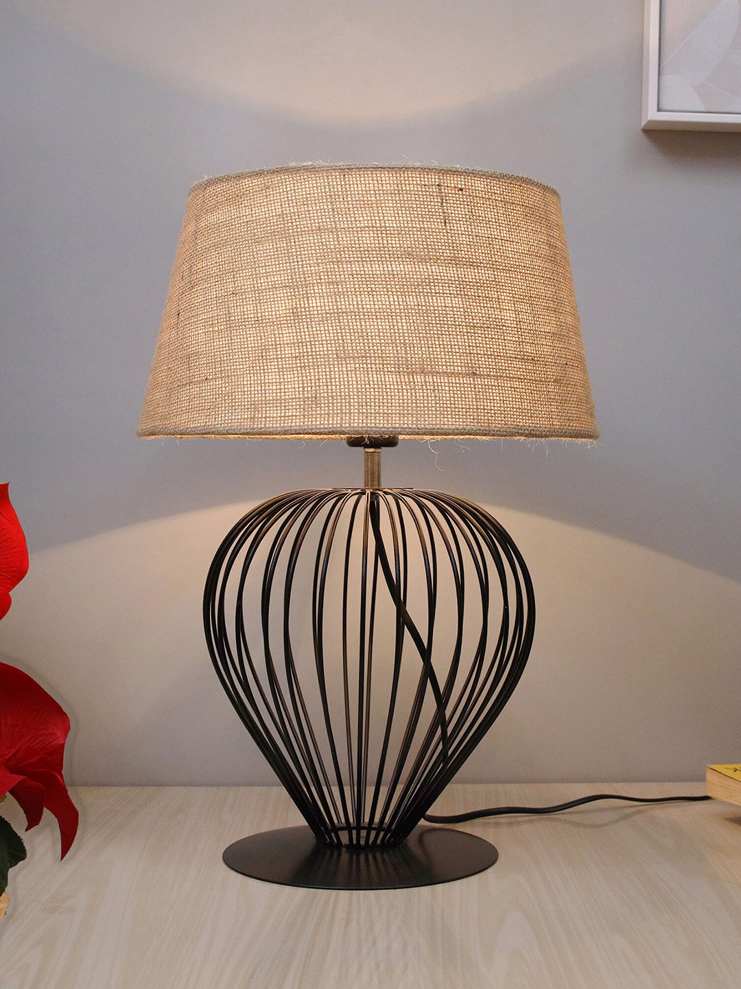 

Homesake Black & Beige Modern Tulip Table Lamp Hollowed Out Base With Jute Shade