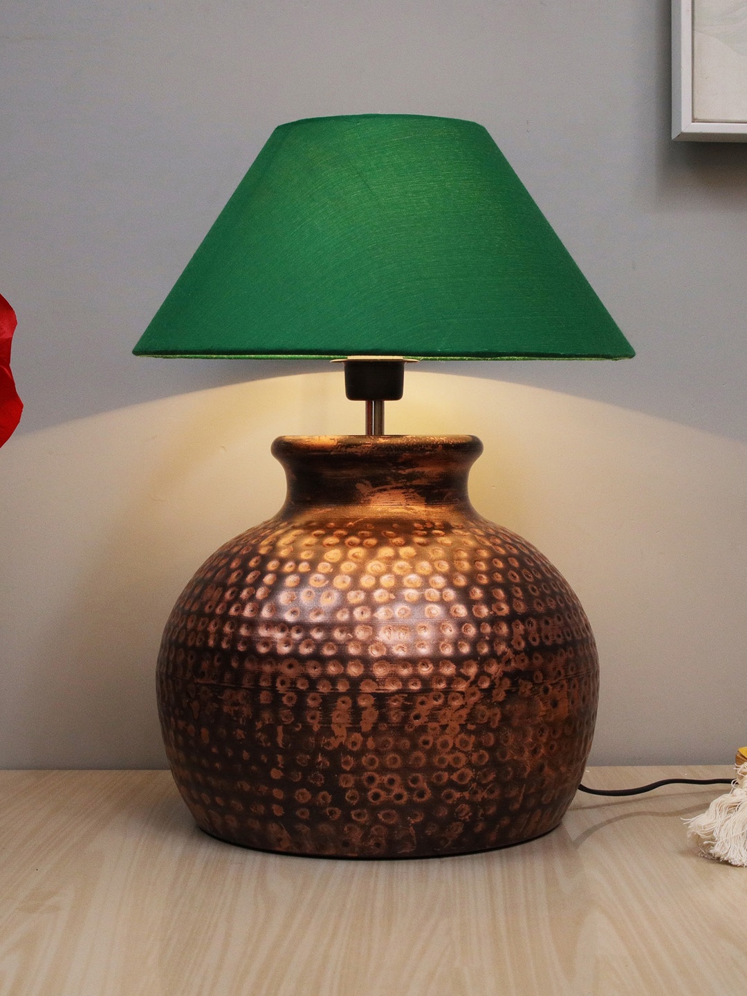 

Homesake Copper-Toned & Green Pot Antique Hammered Table Lamp With Shade