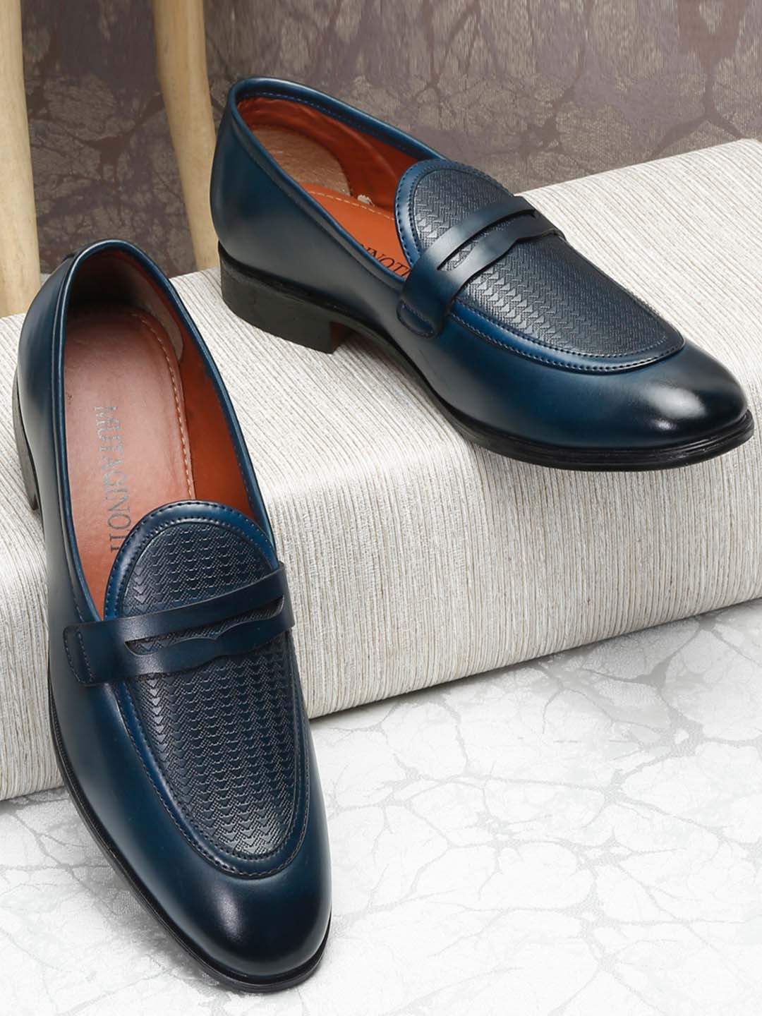 

MUTAQINOTI Men Blue Solid Patent Leather Slip-On Loafers