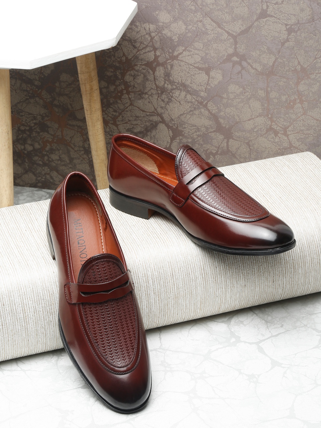 

MUTAQINOTI Men Burgundy Patent Leather Loafers