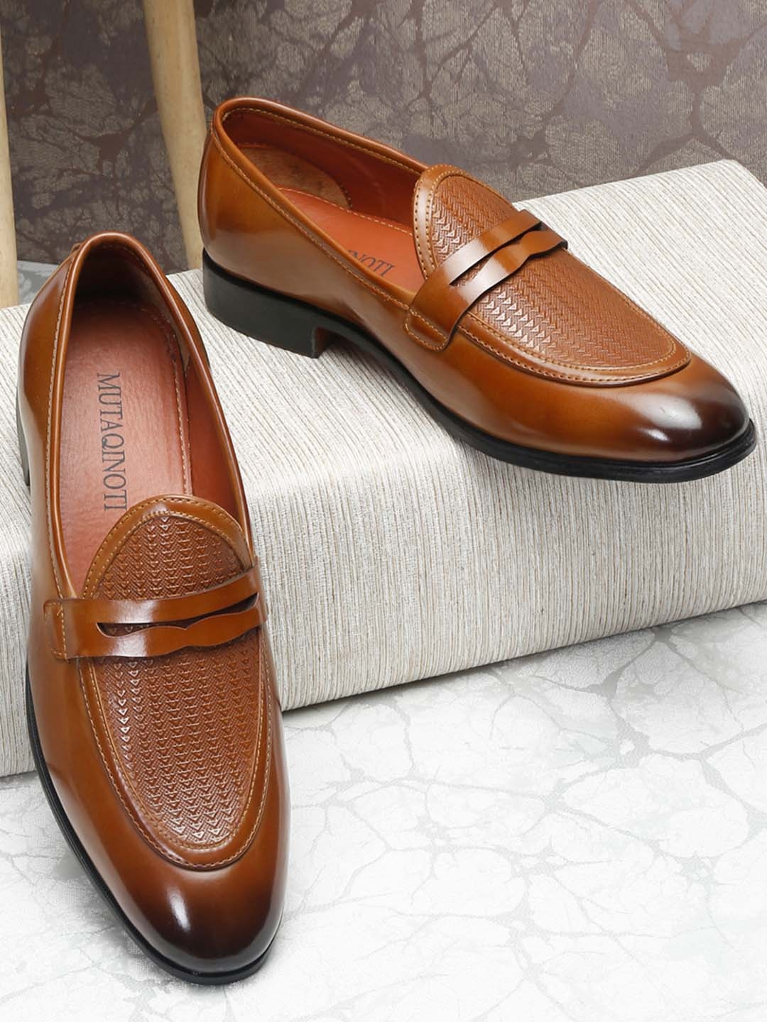 

MUTAQINOTI Men Tan Patent Leather Loafers