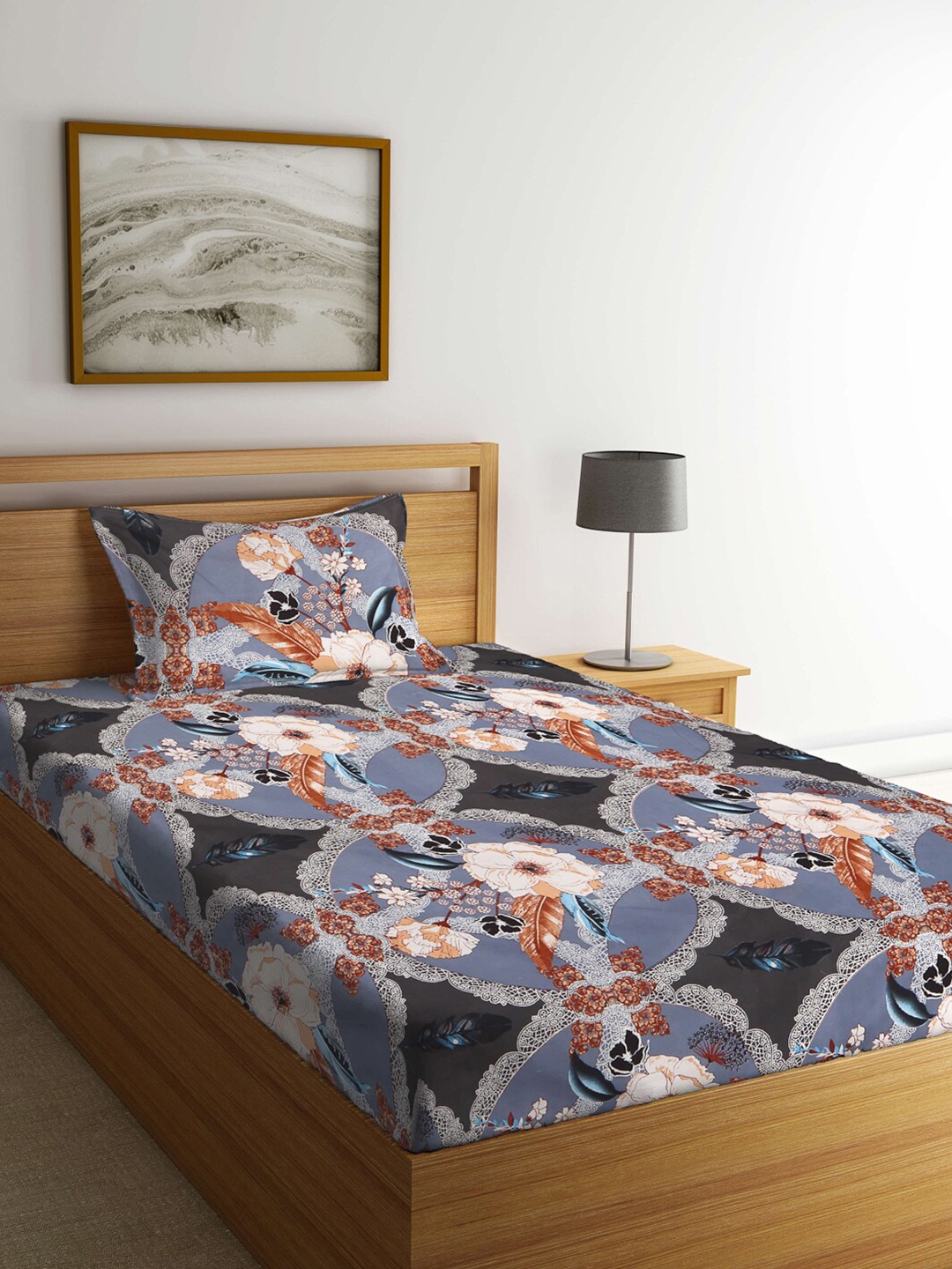 

KLOTTHE Multicoloured & Black Floral 210 TC Single Bedsheet with 1 Pillow Covers, Multi