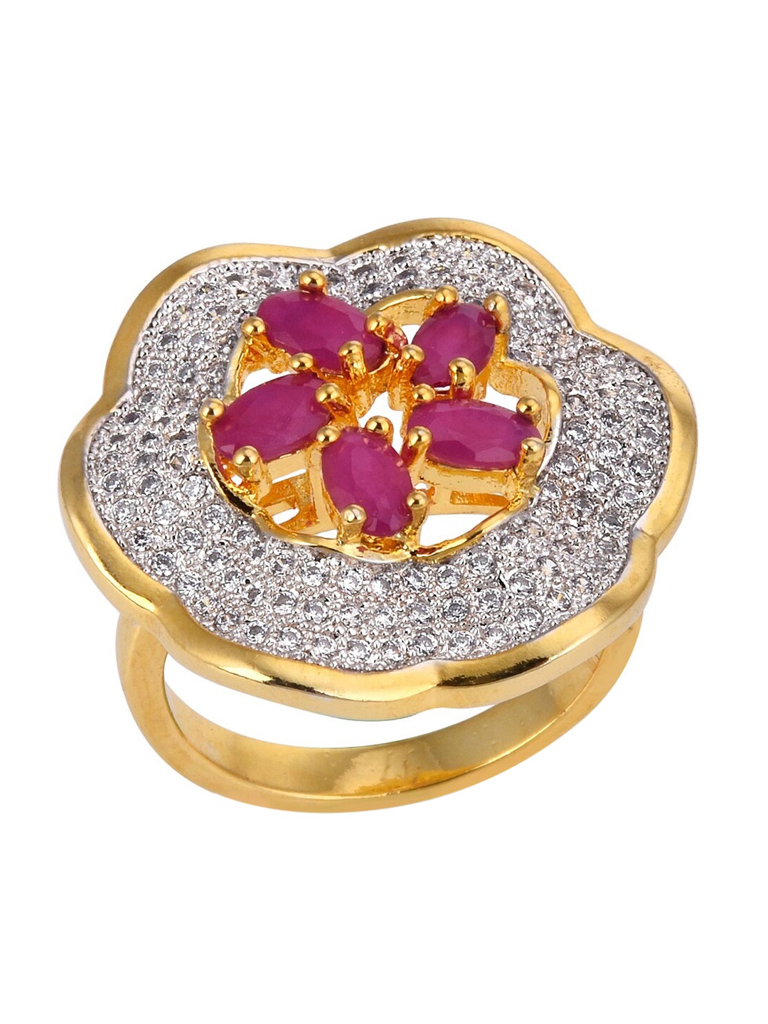 

Tistabene Gold-Plated & Red Stone Studded Floral Cocktail Ring