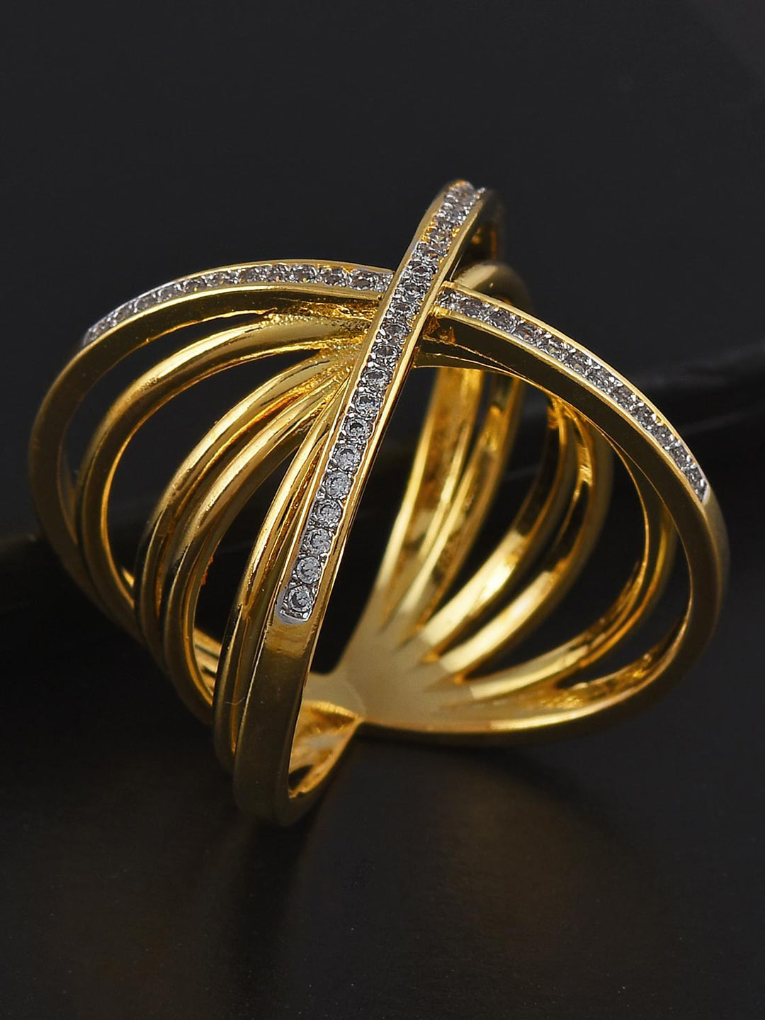 

Tistabene Gold-Plated & White CZ-Studded Electic Design Cocktail Finger Ring