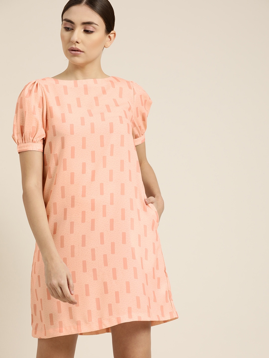 

ether Women Peach-Coloured Abstract Printed A-Line Mini Dress