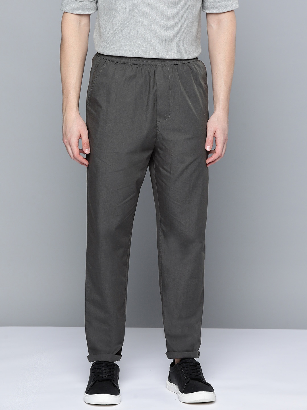 

ether Men Pure Cotton Regular Fit Trousers, Charcoal