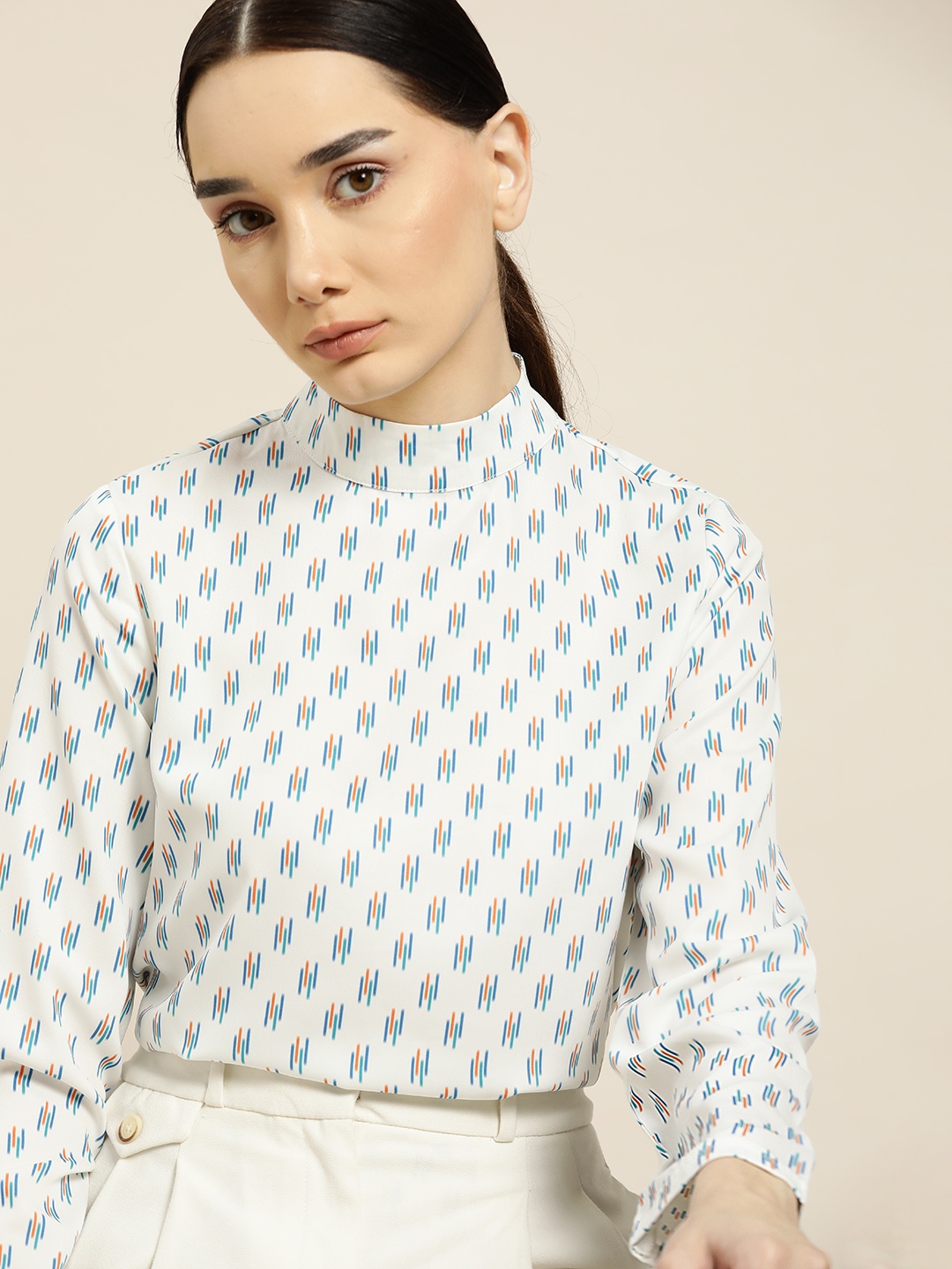

ether Women White & Blue Geometric Printed Top