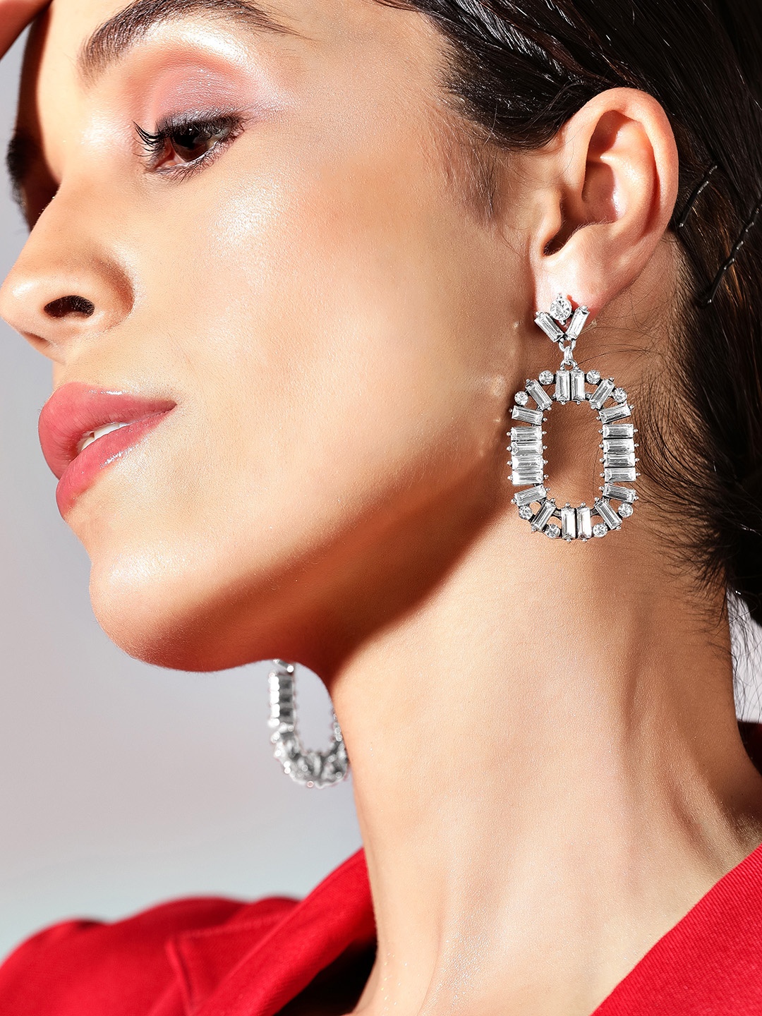 

Rubans Voguish Silver-Toned Marquise Studded Contemporary Drop Earrings