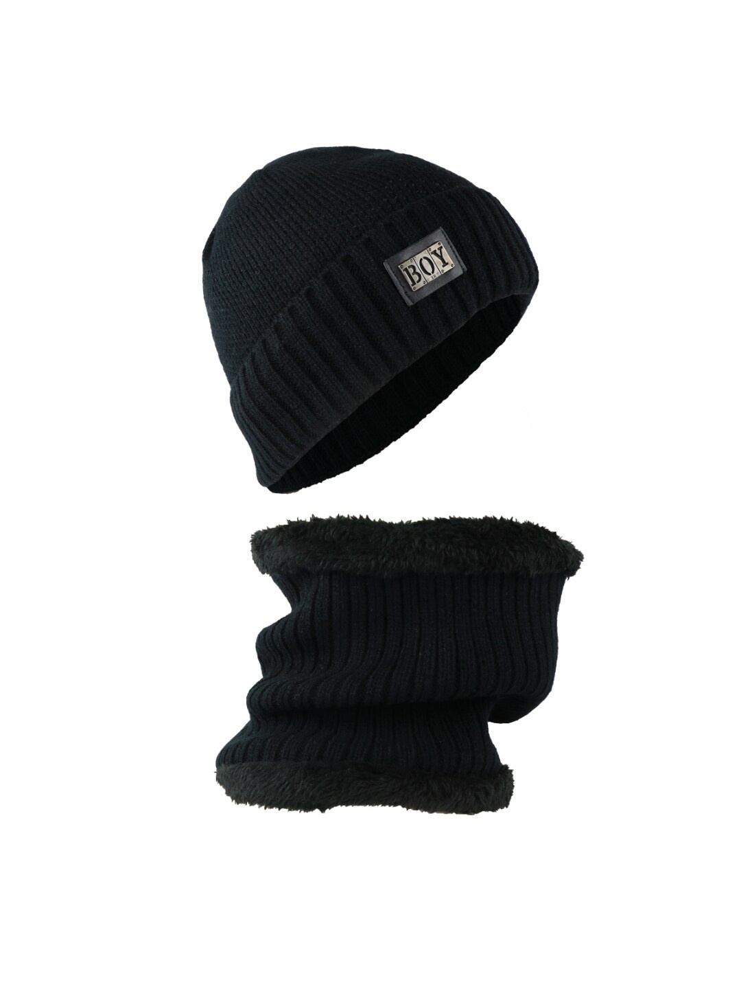 

Bunnywave Unisex Black & Grey Solid Beanie With Neck Warmer