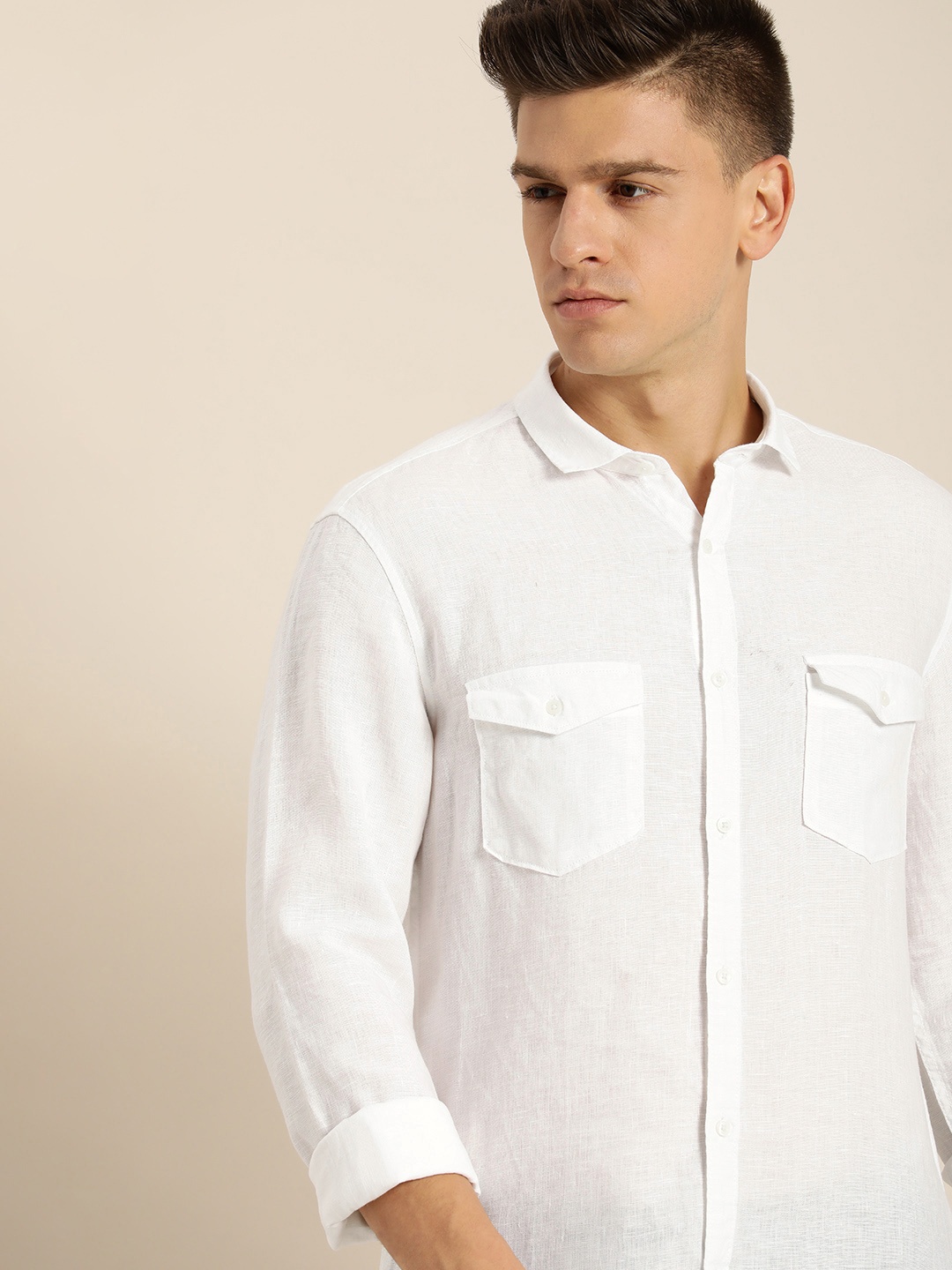 

ether Men White Pocket Detail Pure Linen Casual Shirt