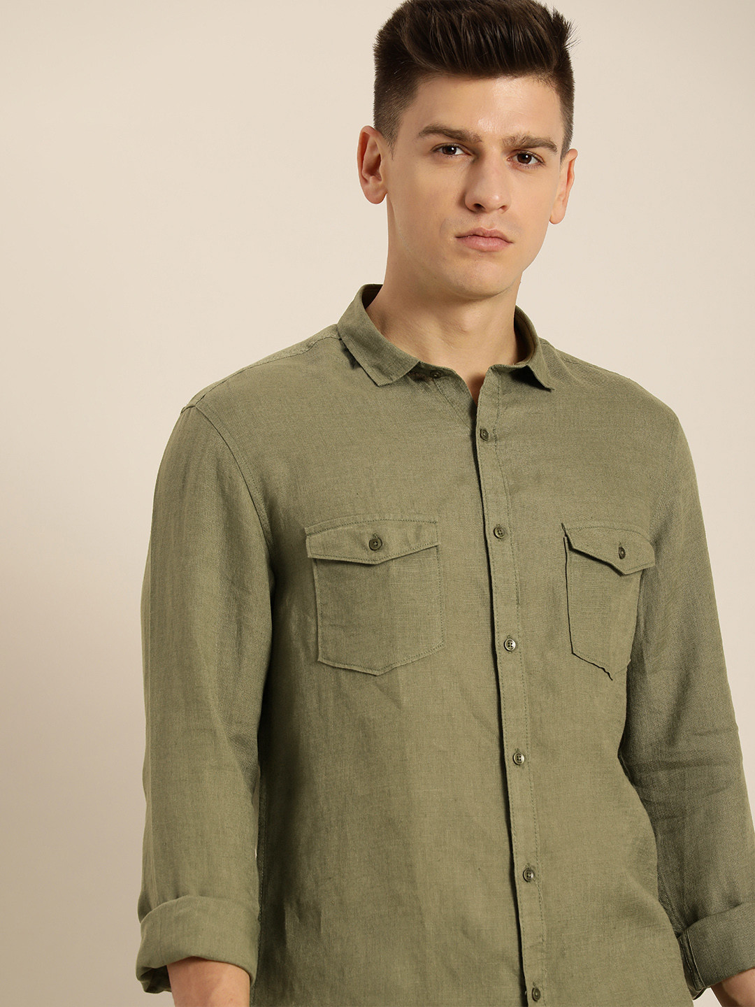 

ether Men Olive Green Pocket Detail Pure Linen Casual Shirt