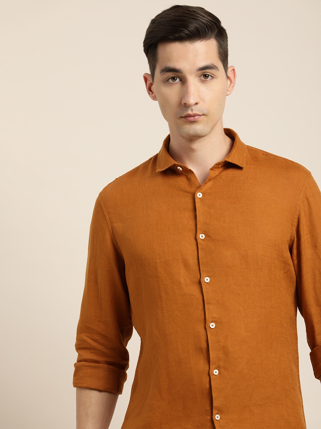 

ether Men Rust Linen Casual Shirt