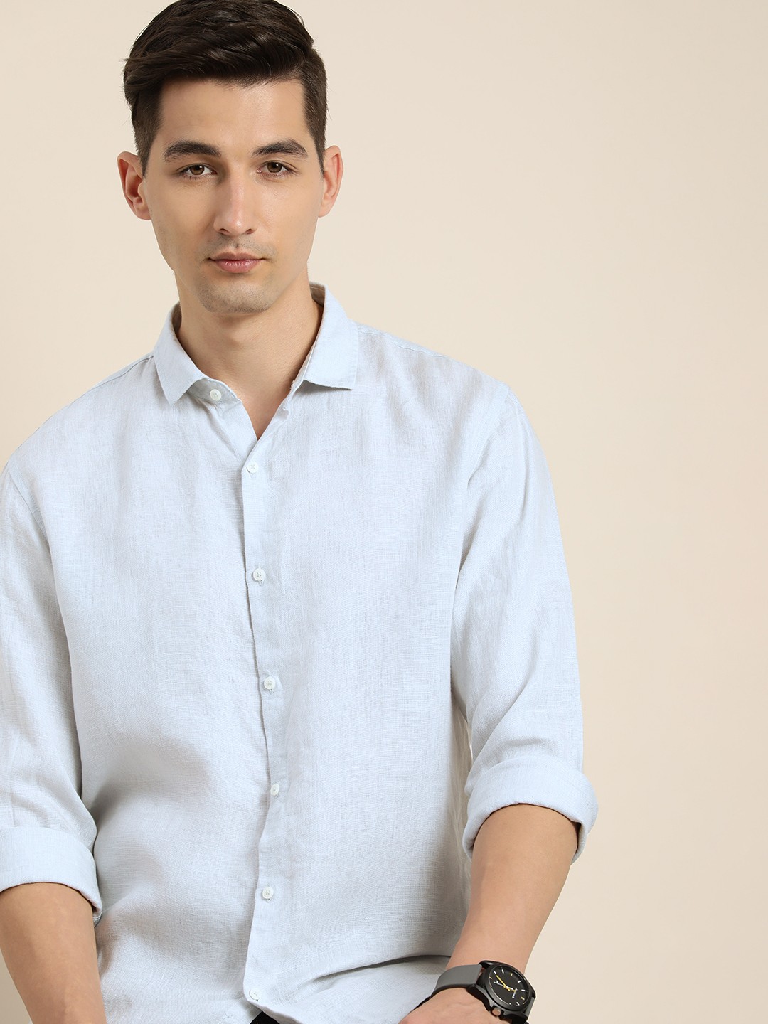 

ether Men Blue Solid Linen Casual Shirt