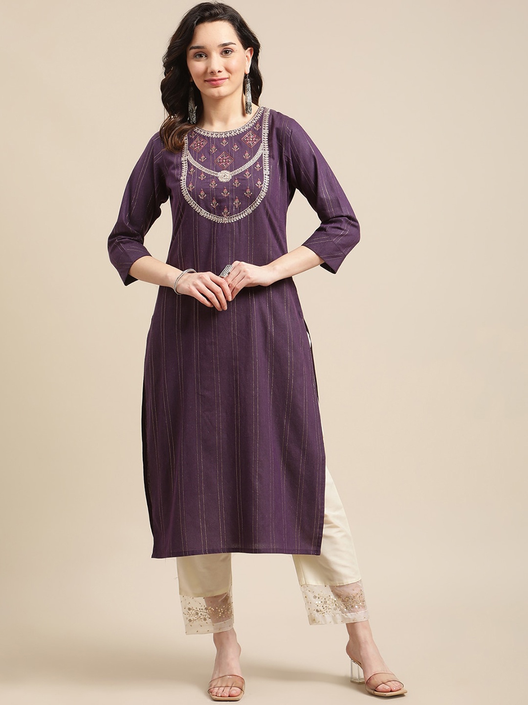 

KSUT Women Purple Ethnic Motifs Yoke Design Thread Work Kurta
