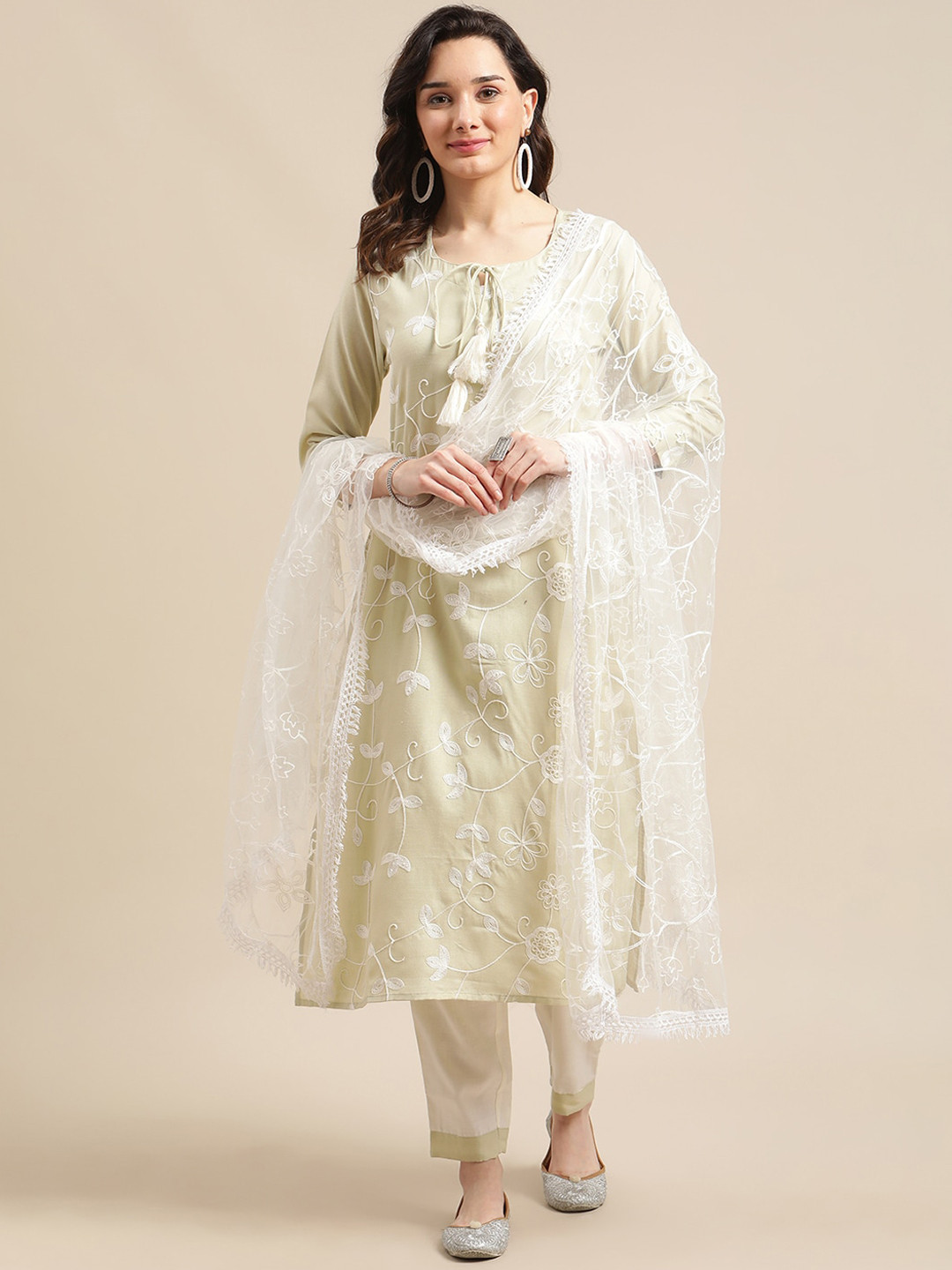 

KSUT Pista Green Aari Embroidery Kurta Trouser Set With Dupatta