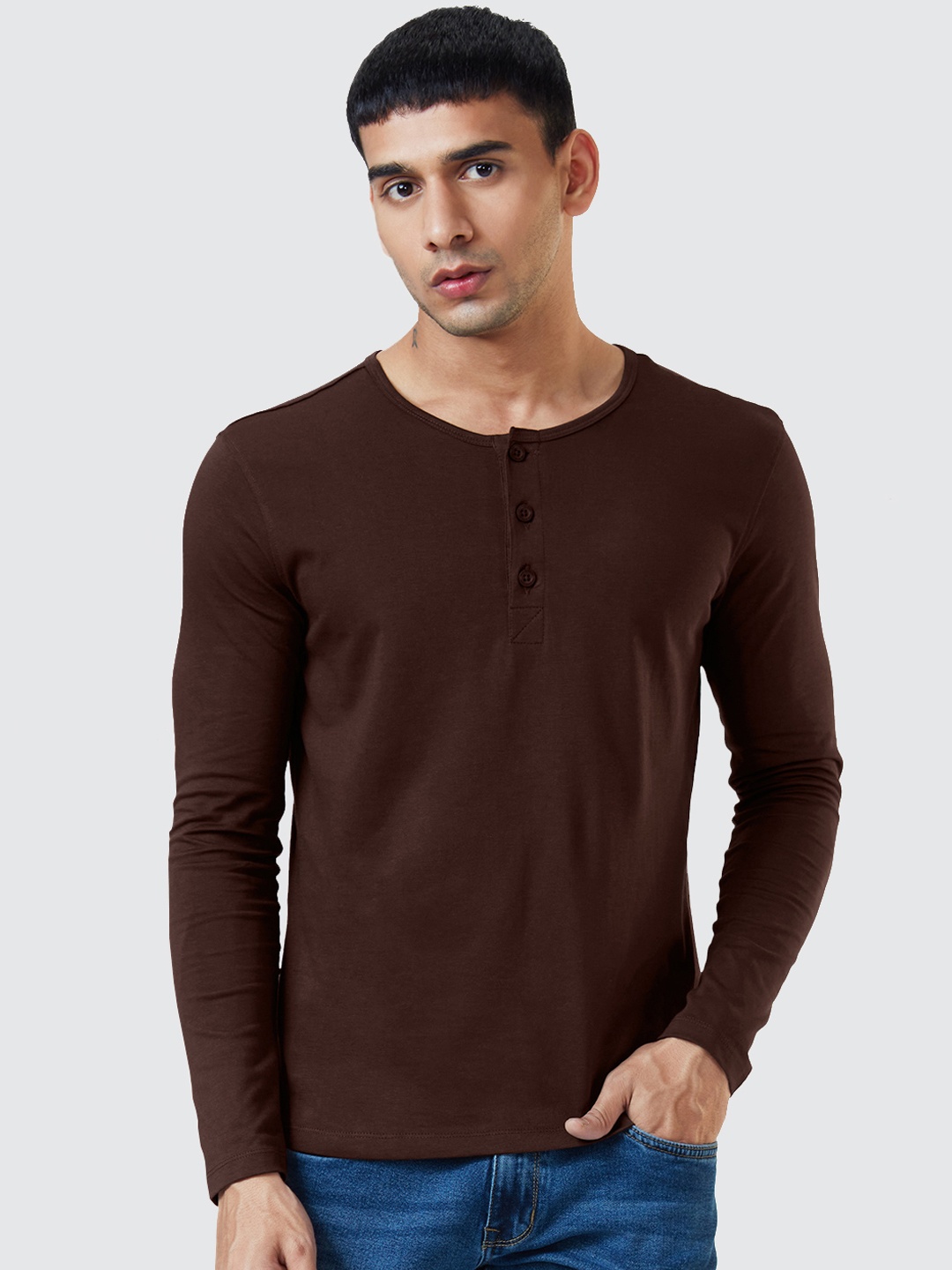 

The Souled Store Men Maroon Henley Neck Raw Edge T-shirt