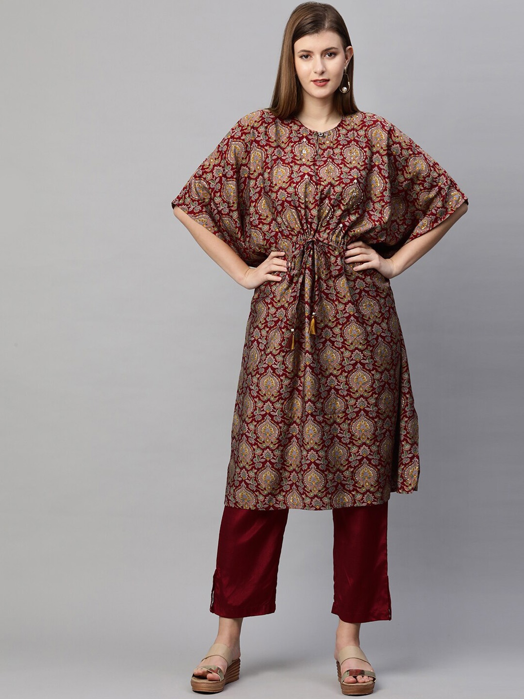 

FASHOR Women Maroon Ethnic Motifs Printed Kaftan Kurta with Trousers