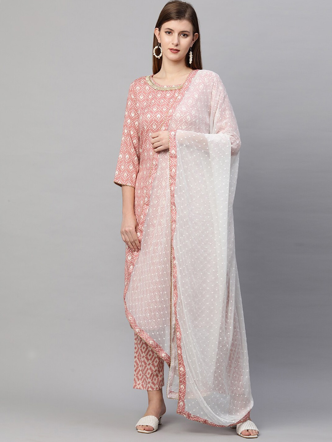 

FASHOR Women Pink Embroidered Empire Gotta Patti Kurta Churidar With Dupatta