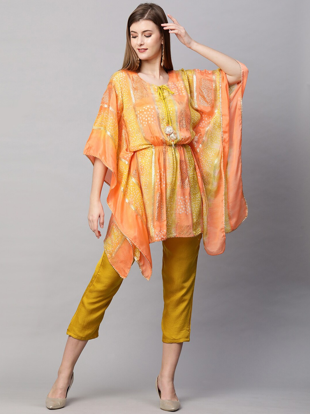 

FASHOR Women Peach-Coloured & Green Kaftan Kurti with Pyjamas