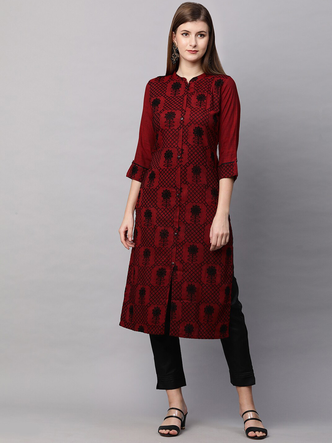 

FASHOR Women Red Floral Embroidered Thread Work Kurta with Trousers