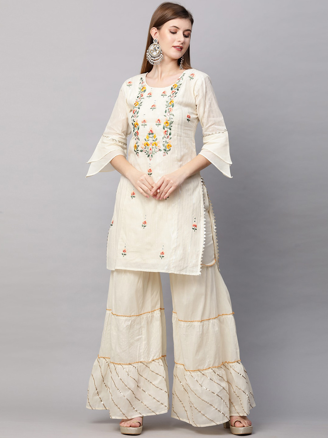 

FASHOR Women Off White Floral Embroidered Kurta with Sharara