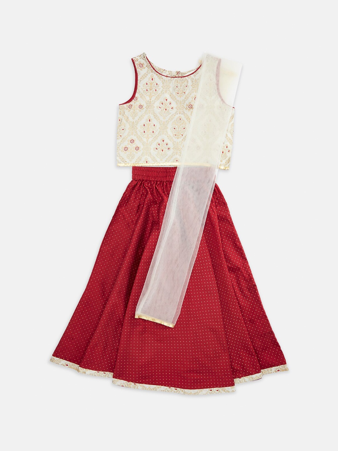 

AKKRITI BY PANTALOONS Girls Red & White Woven Design Ready to Wear Lehenga Choli & Dupatta