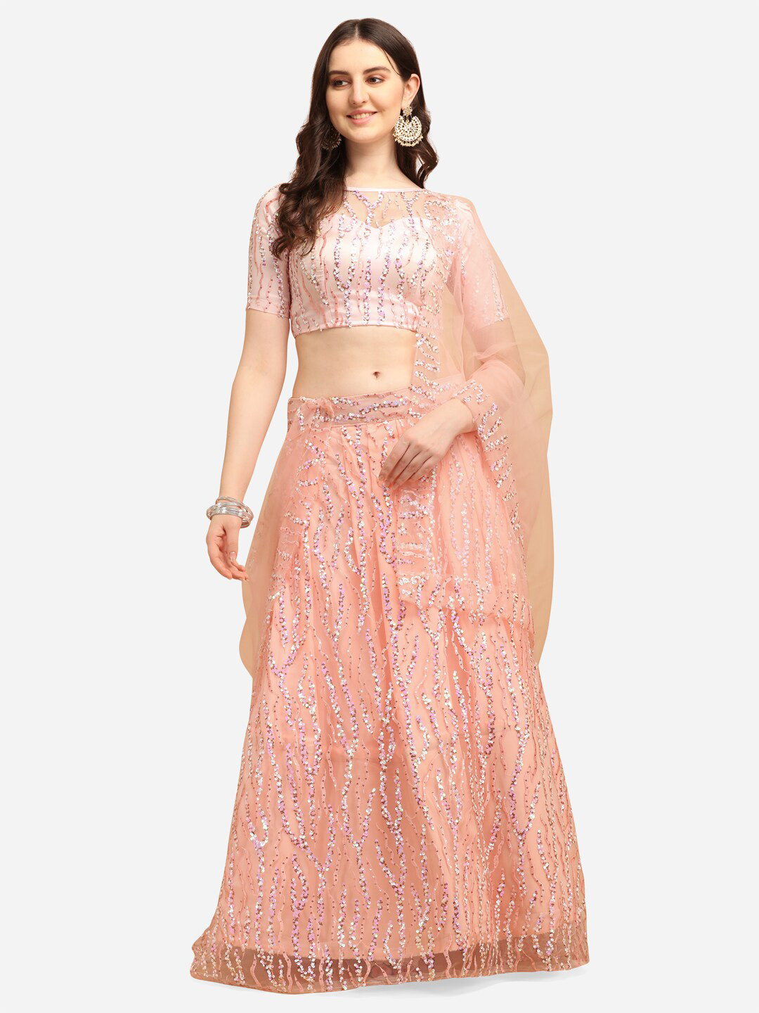 

JATRIQQ Peach-Coloured Embroidered Sequinned Semi-Stitched Lehenga & Unstitched Blouse With Dupatta