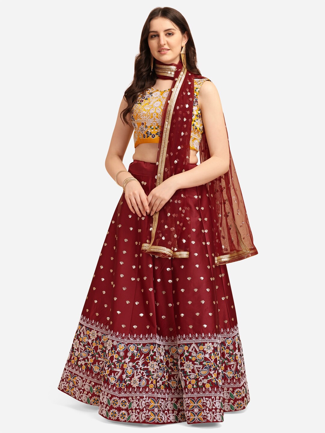 

JATRIQQ Maroon Embroidered Thread Work Semi-Stitched Lehenga & Unstitched Blouse With Dupatta