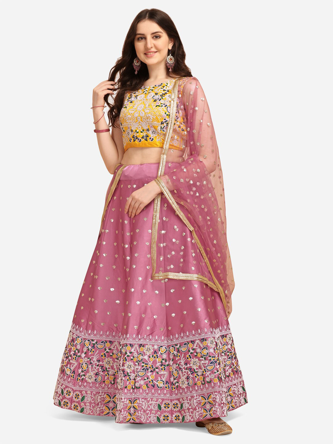 

JATRIQQ Women Pink & White Embroidered Semi-Stitched Lehenga & Blouse with Dupatta