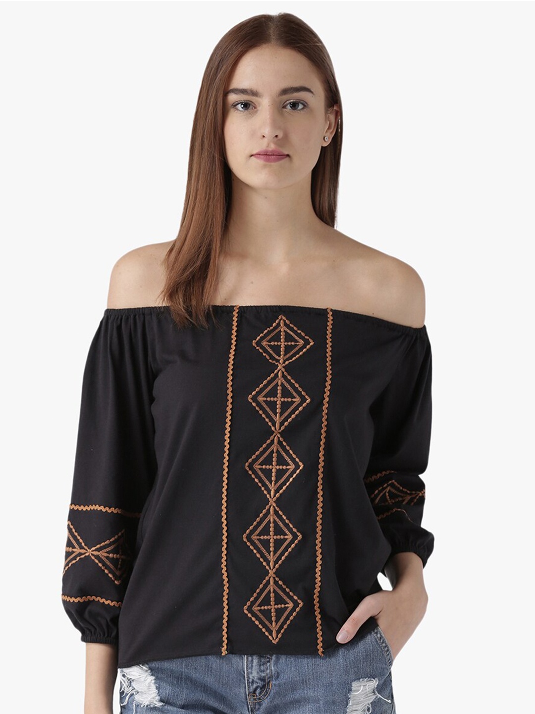 

DODO & MOA Black Off-Shoulder Crepe Bardot Top