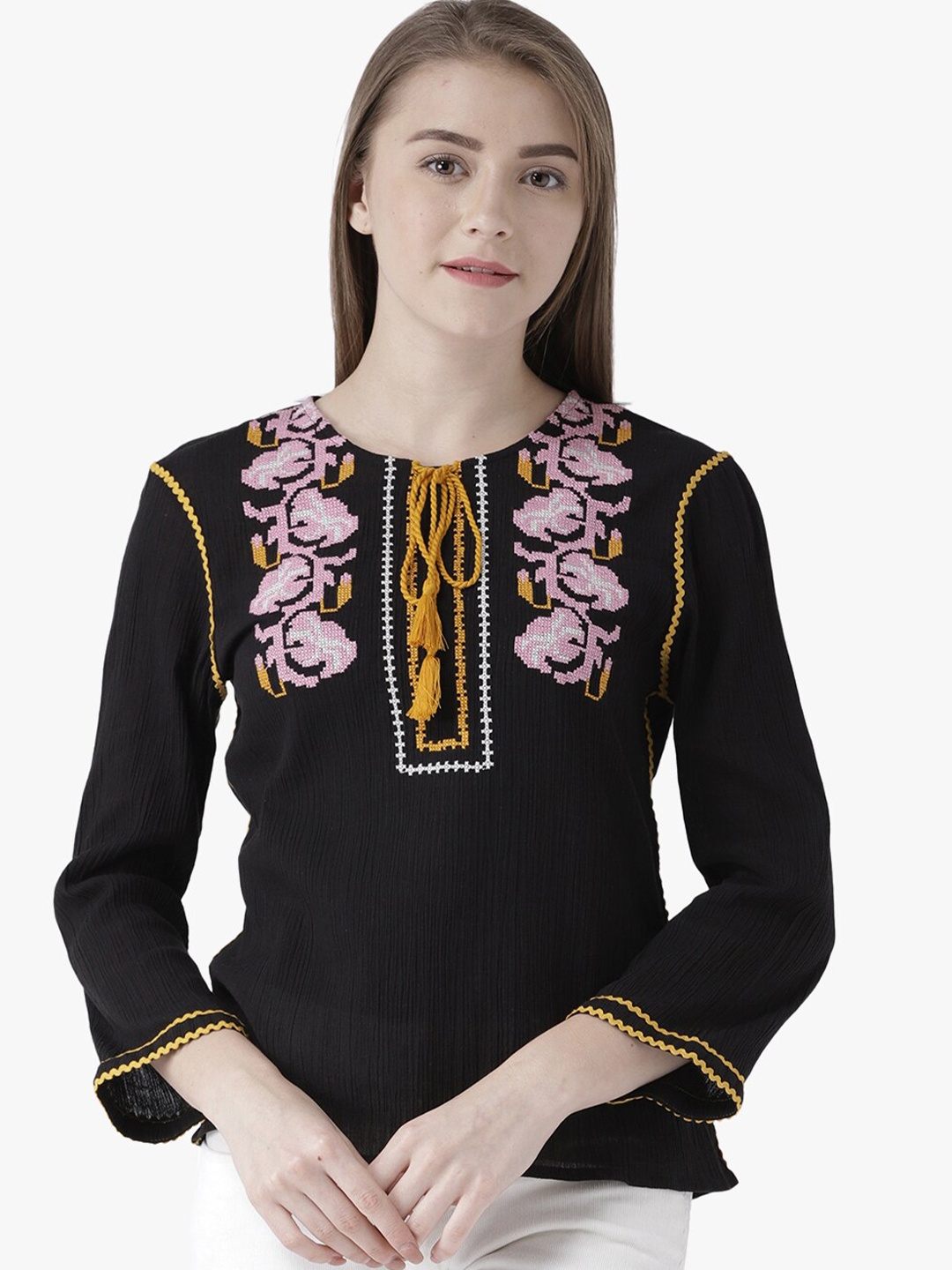 

DODO & MOA Black & Pink Printed Pure Cotton Top