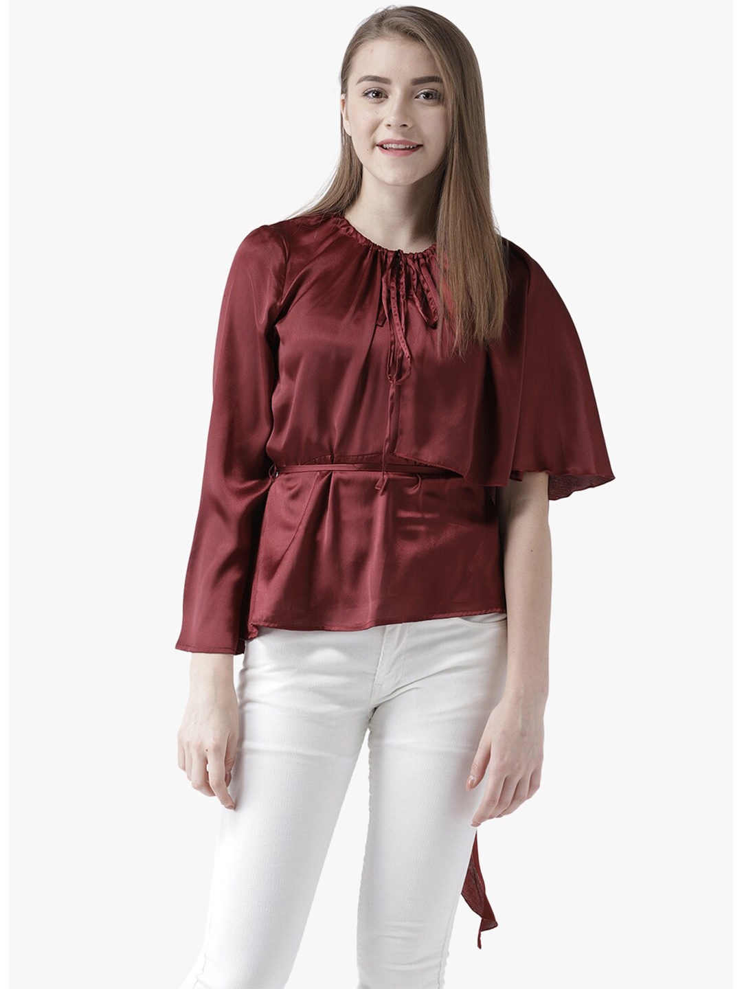 

DODO & MOA Women Maroon Satin Peplum Top with Ruffles