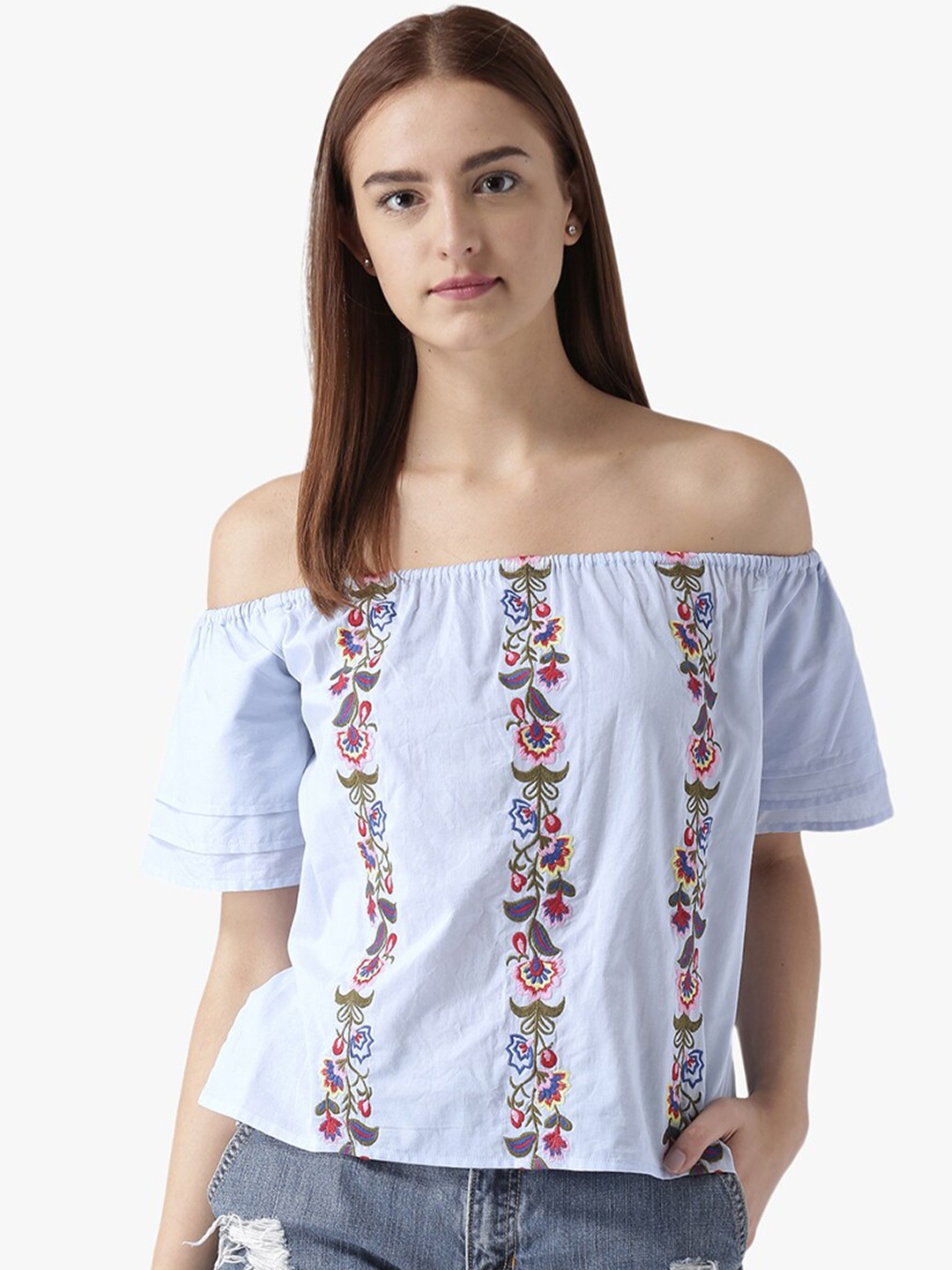 

DODO & MOA Blue Embroidered Off-Shoulder Bardot Top